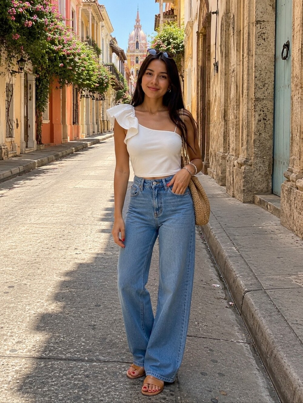 White One-Shoulder Ruffle Crop Top